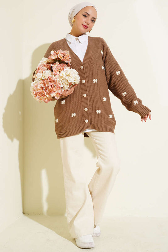 كارديجان محبوك مزين بشريط، لون المنك