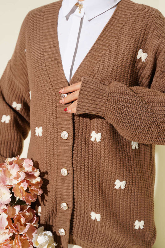 كارديجان محبوك مزين بشريط، لون المنك