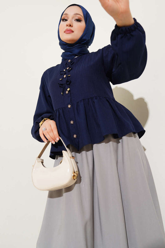 Kurdeleli Fırfır Detaylı Gömlek Lacivert