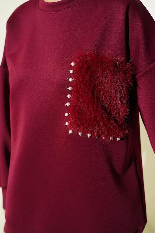 Scuba Tunic with Fur Pockets, Burgundy