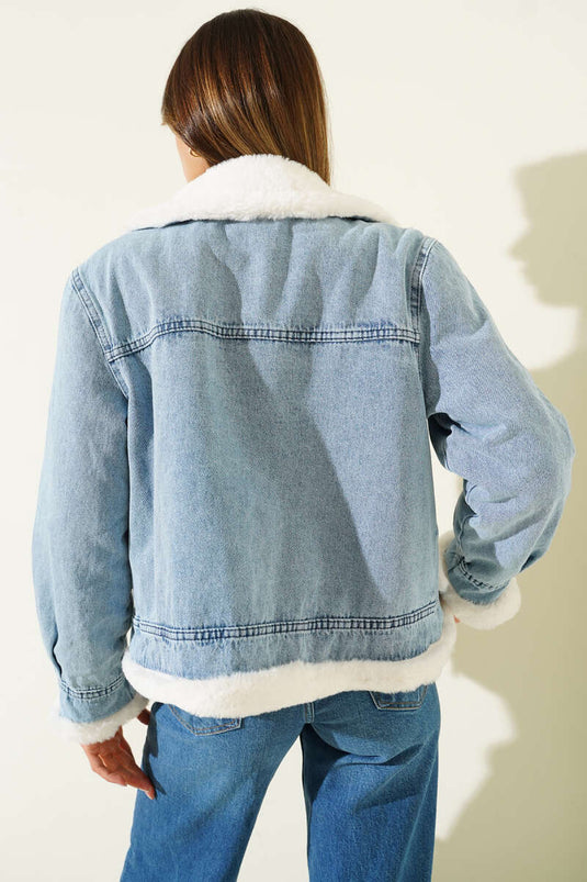 Fur-Detailed Jacket, Denim Blue