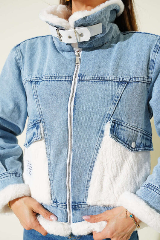 Veste à détails en fourrure, bleu denim