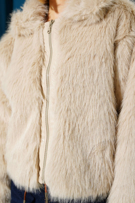 Kürk Detaylı Fermuarlı Ceket Bej