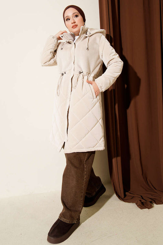 Fur Detailed Hooded Quilted Coat Stone