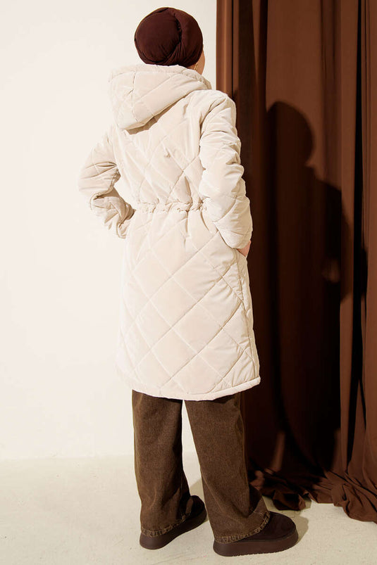 Fur Detailed Hooded Quilted Coat Stone