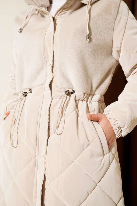 Fur Detailed Hooded Quilted Coat Stone