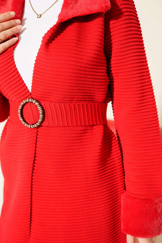 Fur Detailed Belted Knitted Cardigan Red