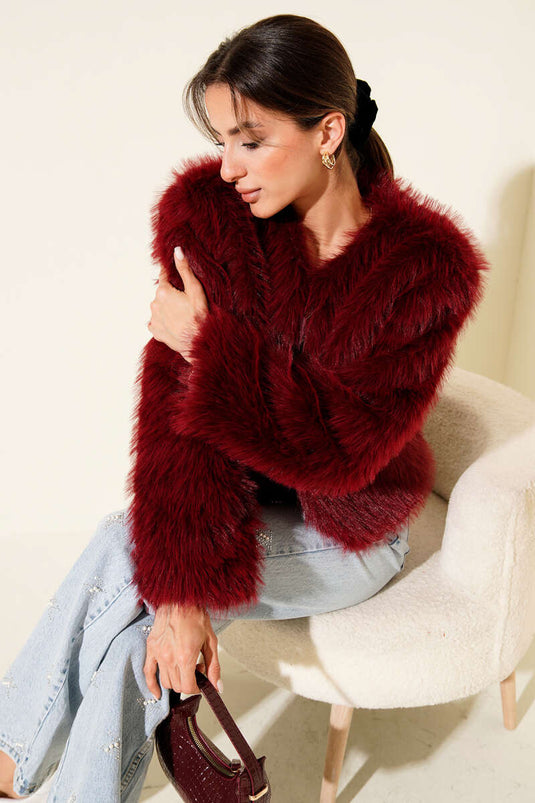 Kürk Detaylı Kısa Mont Bordo