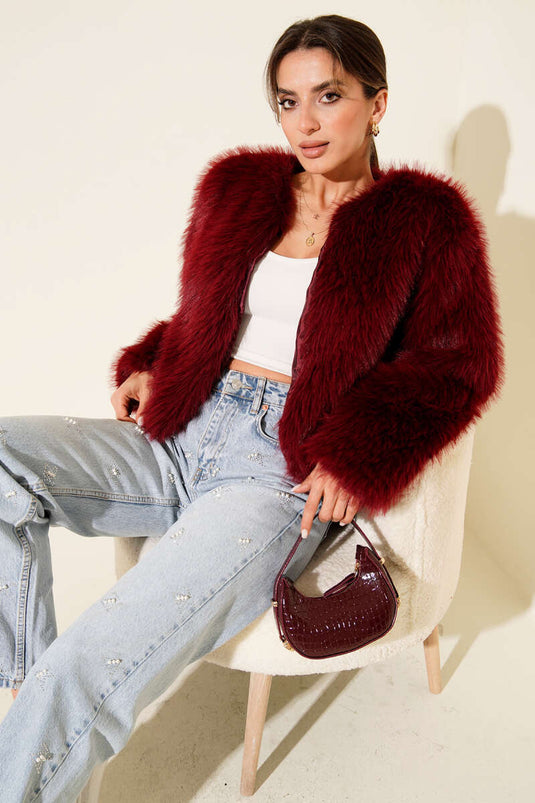 Kürk Detaylı Kısa Mont Bordo