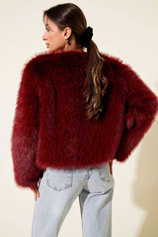 Kürk Detaylı Kısa Mont Bordo