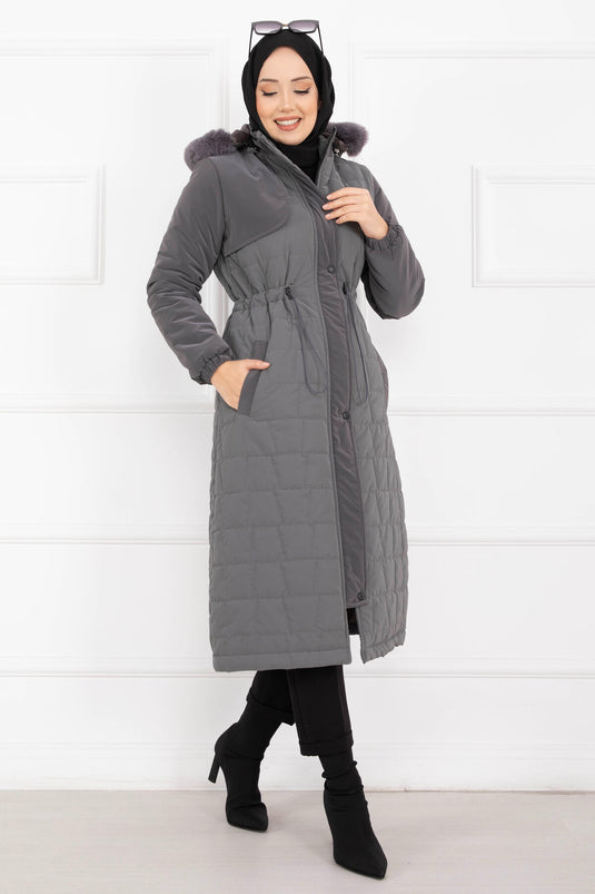 Manteau Nova À Capuche En Fourrure Avec Cordon De Serrage À La Taille, Couleur Fumée