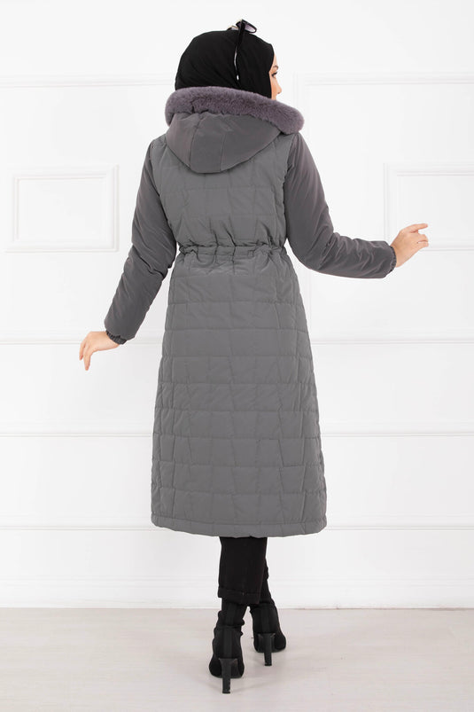 معطف نوفا بغطاء رأس من الفرو الصناعي وحزام خصر قابل للتعديل باللون الرمادي الداكن