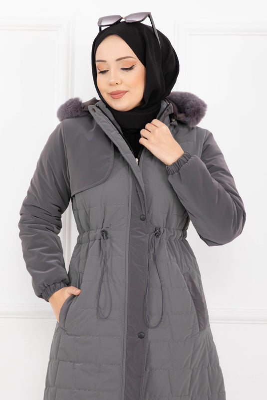 Manteau Nova À Capuche En Fourrure Avec Cordon De Serrage À La Taille, Couleur Fumée