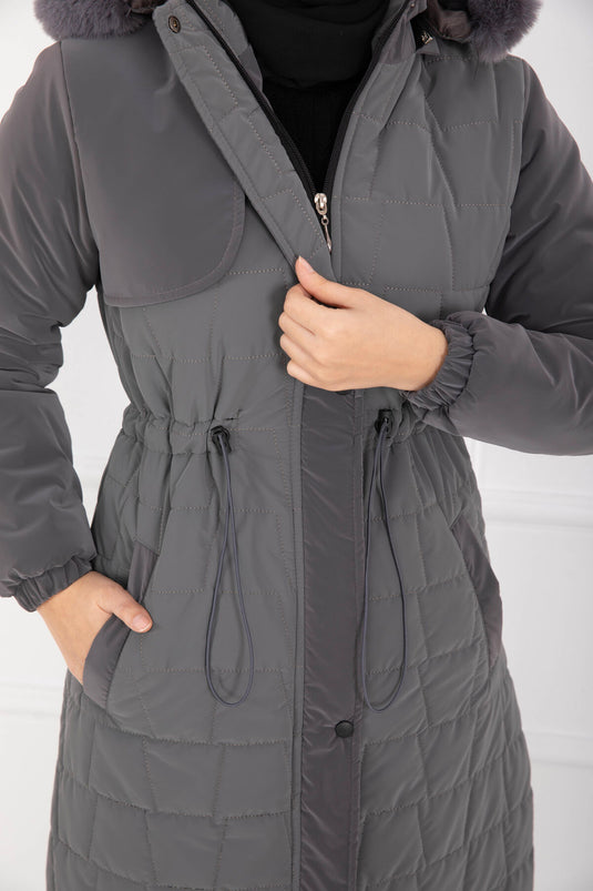 Manteau Nova À Capuche En Fourrure Avec Cordon De Serrage À La Taille, Couleur Fumée
