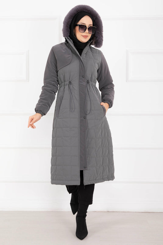 معطف نوفا بغطاء رأس من الفرو الصناعي وحزام خصر قابل للتعديل باللون الرمادي الداكن