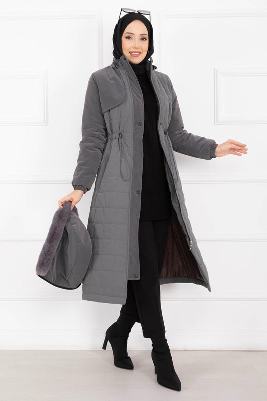 Manteau Nova À Capuche En Fourrure Avec Cordon De Serrage À La Taille, Couleur Fumée