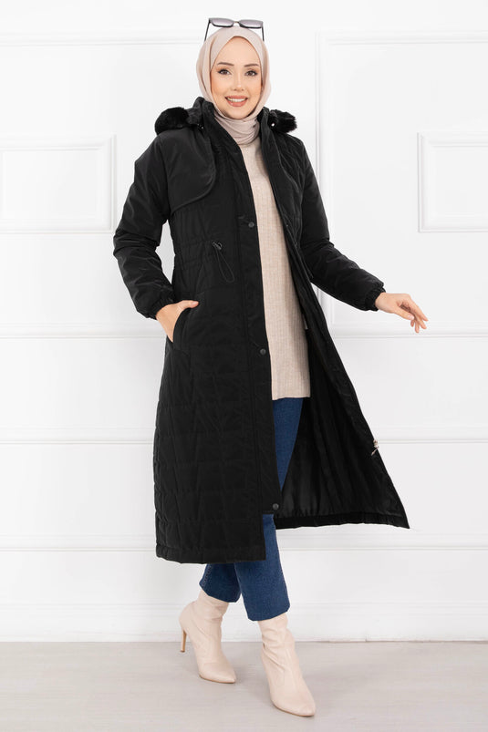 معطف نوفا أسود بغطاء رأس من الفرو وحزام خصر قابل للربط