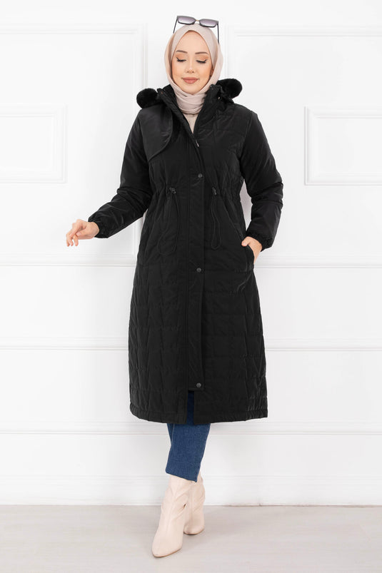 معطف نوفا أسود بغطاء رأس من الفرو وحزام خصر قابل للربط