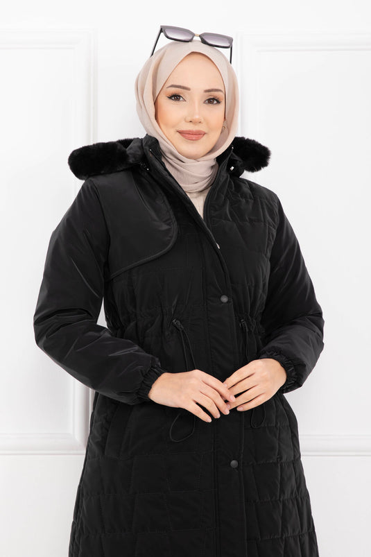 معطف نوفا أسود بغطاء رأس من الفرو وحزام خصر قابل للربط