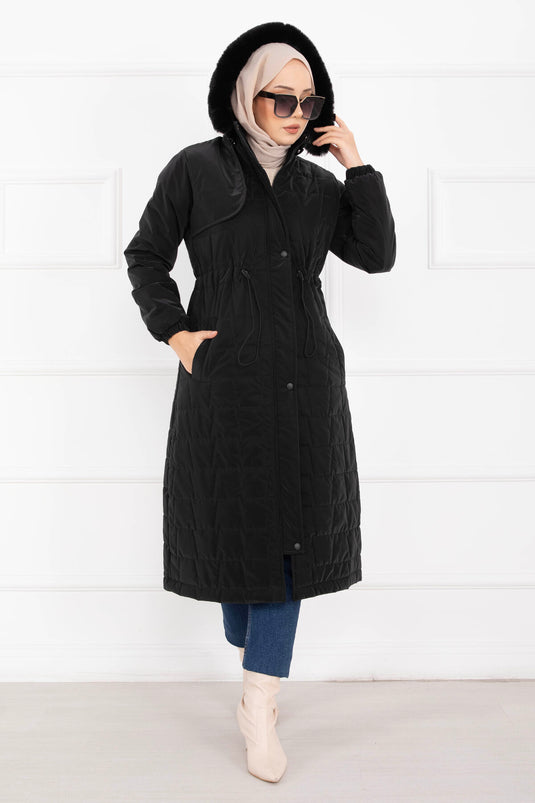 معطف نوفا أسود بغطاء رأس من الفرو وحزام خصر قابل للربط