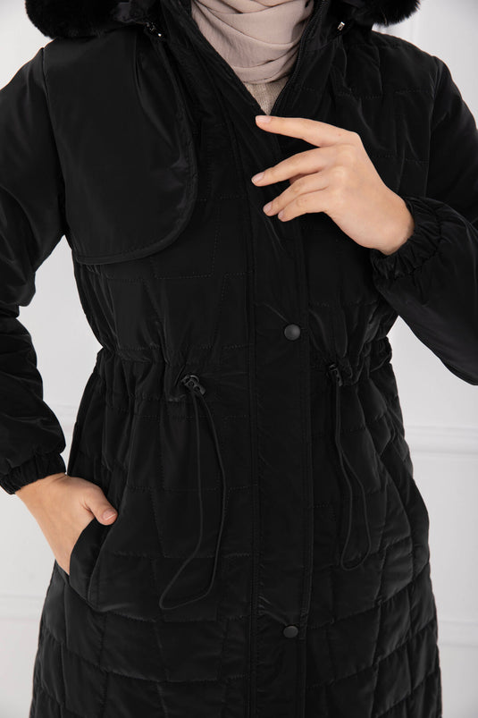 معطف نوفا أسود بغطاء رأس من الفرو وحزام خصر قابل للربط