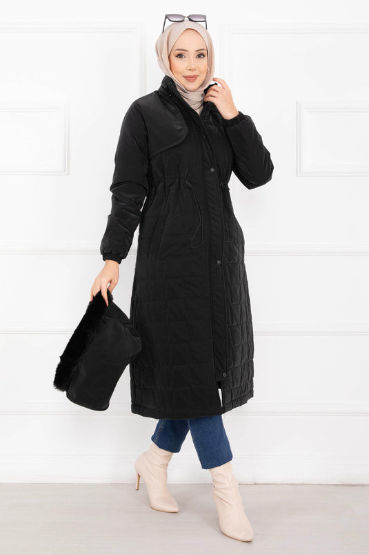 معطف نوفا أسود بغطاء رأس من الفرو وحزام خصر قابل للربط