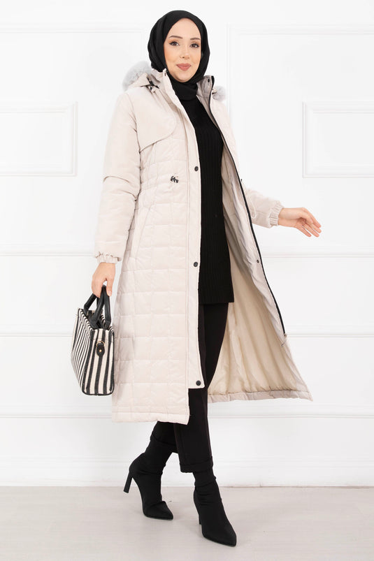 Cappotto Nova con Cappuccio in Pelliccia e Coulisse in Vita Pietra