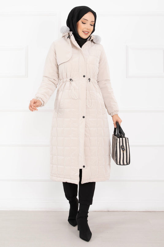 Cappotto Nova con Cappuccio in Pelliccia e Coulisse in Vita Pietra