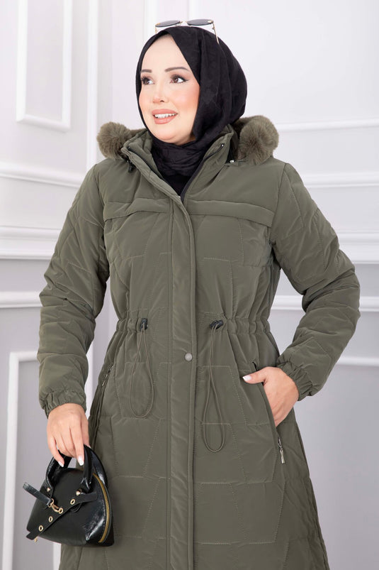 Langer Nova Mantel Mit Kapuze Aus Kunstfell In Khaki