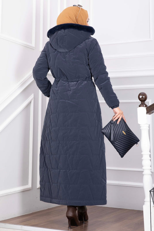 Lange Navy Imitatiebont Capuchon Met Rits