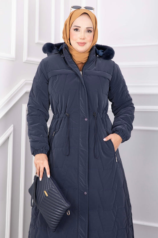 Lange Navy Imitatiebont Capuchon Met Rits