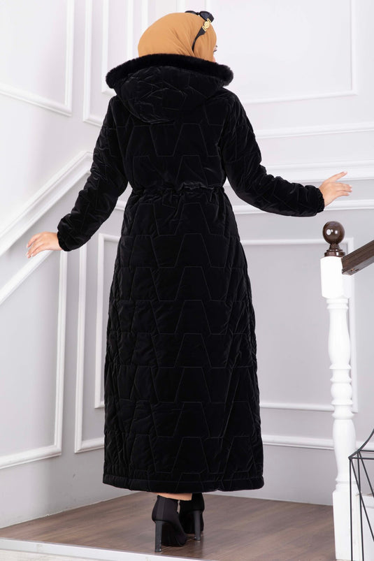 Manteau Nova Long À Capuche En Fourrure Synthétique Noire