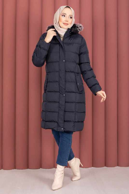 Kürk Kapüşonlu Çıtçıt Detaylı Şişme Mont Lacivert