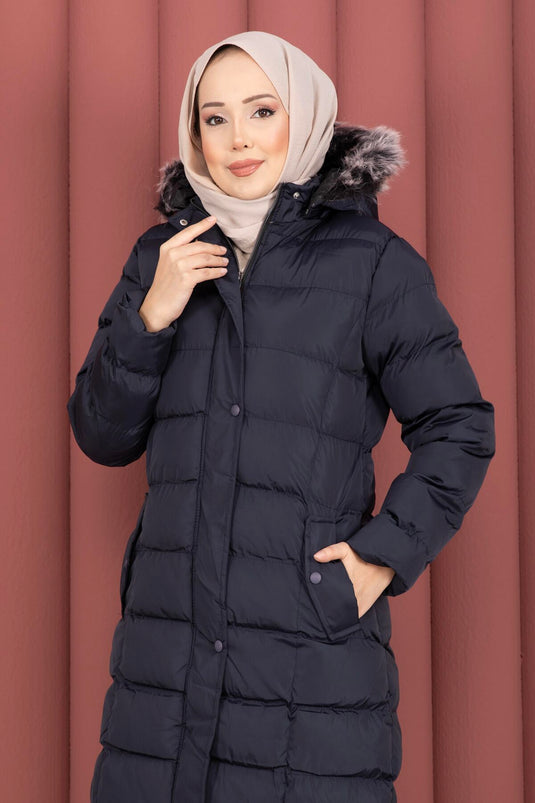 Kürk Kapüşonlu Çıtçıt Detaylı Şişme Mont Lacivert