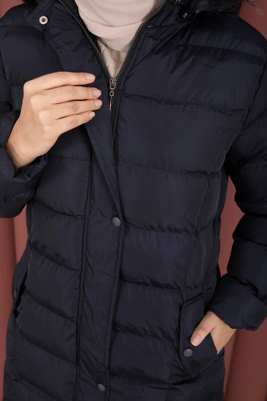 Giacca imbottita con cappuccio in pelliccia sintetica e dettagli con bottoni a pressione, blu scuro