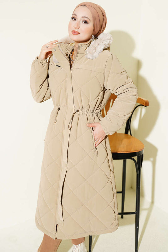 Kürk Kapüşonlu Kapitone Uzun Mont Camel