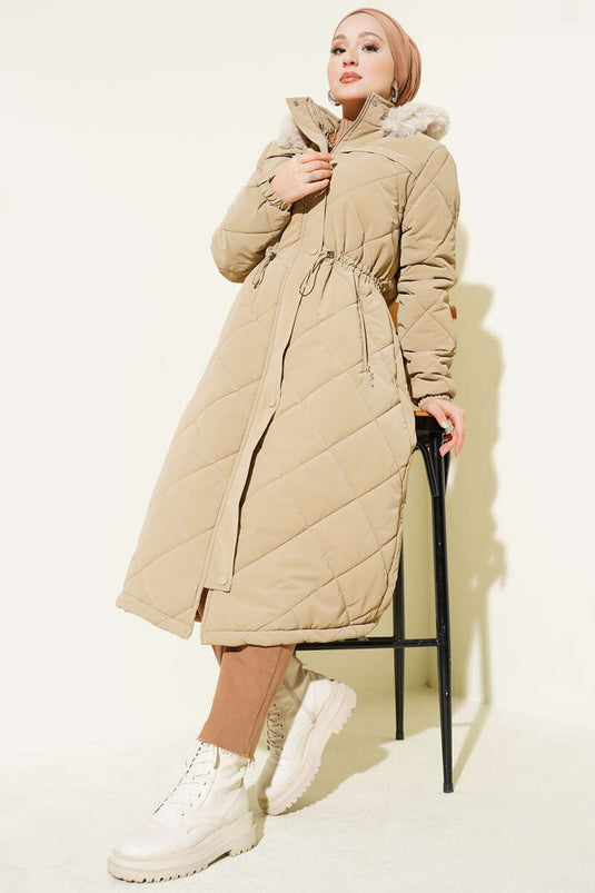 Kürk Kapüşonlu Kapitone Uzun Mont Camel