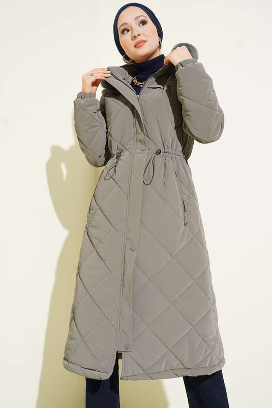 Kürk Kapüşonlu Kapitone Uzun Mont Gri