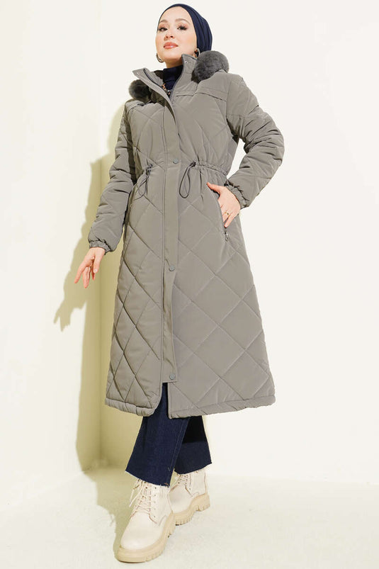 Kürk Kapüşonlu Kapitone Uzun Mont Gri