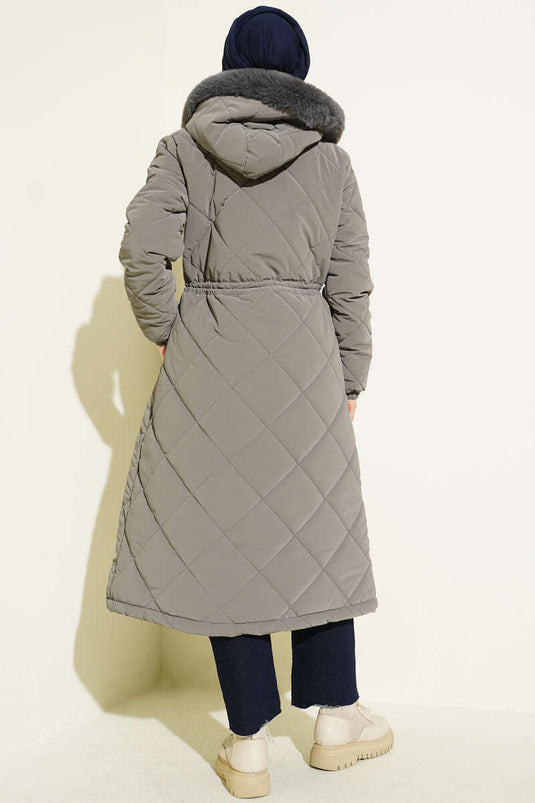 Kürk Kapüşonlu Kapitone Uzun Mont Gri