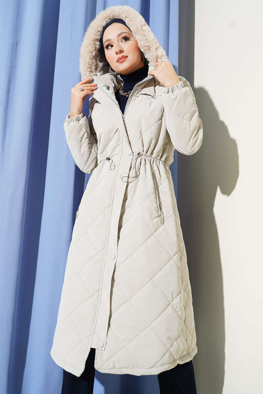Kürk Kapüşonlu Kapitone Uzun Mont Taş