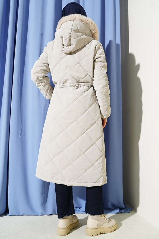 Kürk Kapüşonlu Kapitone Uzun Mont Taş