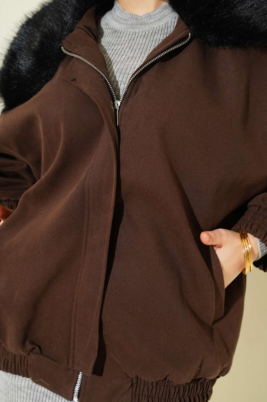 Fur Collar Zippered Gabardine Coat Dark Brown