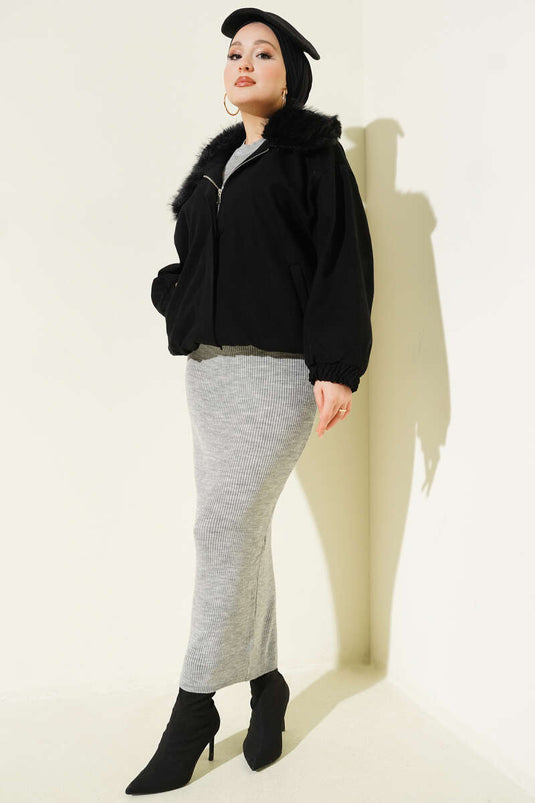 Fur Collar Zip-Up Gabardine Coat, Black