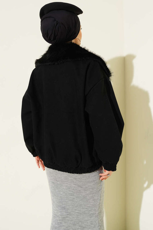 Fur Collar Zip-Up Gabardine Coat, Black