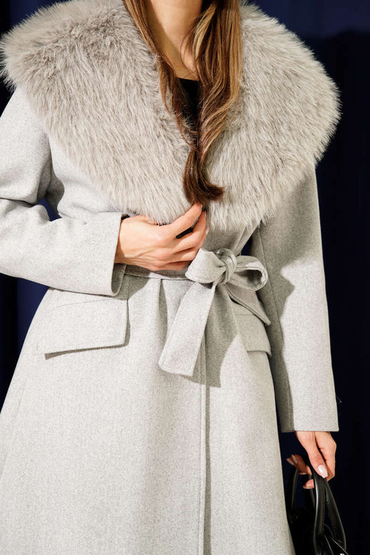 Kürk Yaka Kuşaklı Kaşe Kaban Gri