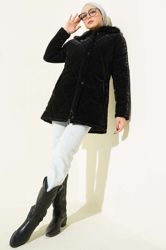 Kürk Yakalı Fermuarlı Kapitone Mont Siyah