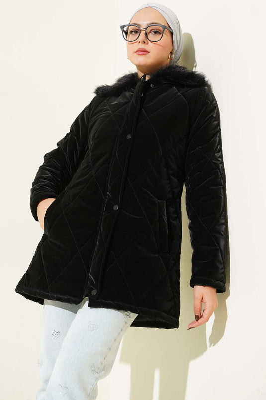 Kürk Yakalı Fermuarlı Kapitone Mont Siyah