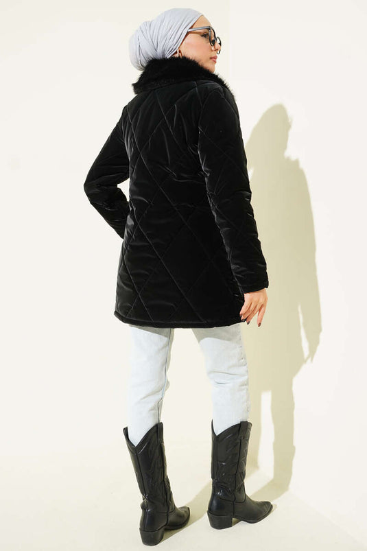 Kürk Yakalı Fermuarlı Kapitone Mont Siyah