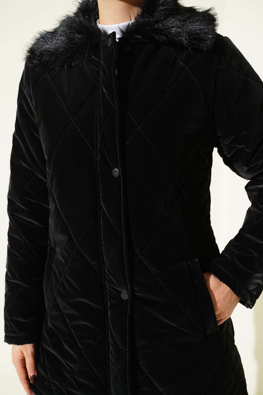Kürk Yakalı Fermuarlı Kapitone Mont Siyah